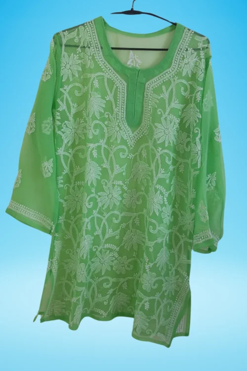 LC hand Embroidered Green Georgette lucknowi chikankari short top