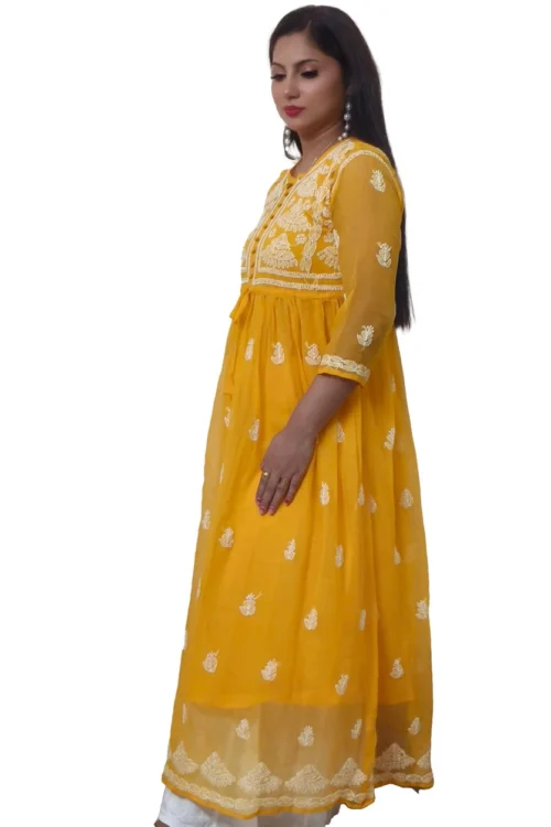 LC Hand Embroidered Mustard Georgette lucknowi chikankari yog Anarkali kurti