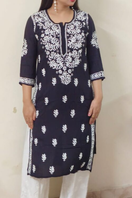 LC Hand Embroidered Black Rayon lucknowi chikankari straight kurti