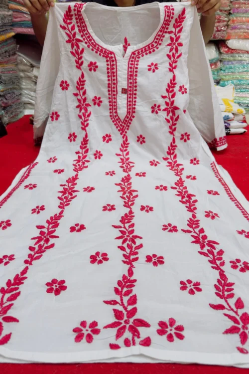 LC Hand Embroidered  Red&white cotton lucknowi chikankari straight kurti