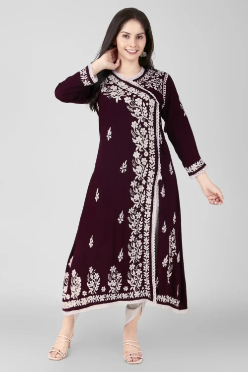 LC hand embroidered Rayon lucknowi chikankari Angrakha style kurti/gown