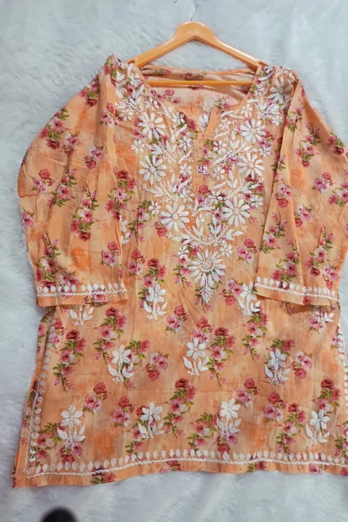 LC hand embroidered Mul cotton printed  chikankari short top.