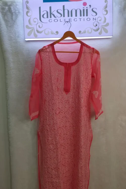 LC hand embroidered Georgette Peach Lucknowi chikankari straight kurti