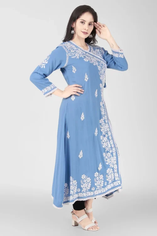 Lc hand embroidered Rayon lucknowi chikankari Angrakha style kurti/ Gown